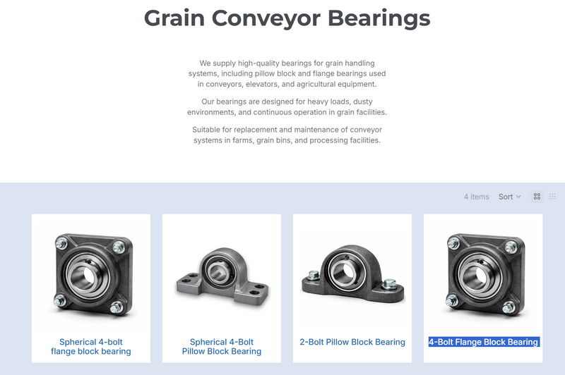 Pillow block and flange block bearings in the AG Motion grain conveyor bearings catalog
