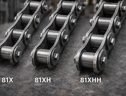 Side-by-side comparison of 81X, 81XH, and 81XHH agricultural conveyor chains showing differences in heavy-duty grain conveyor chain design.