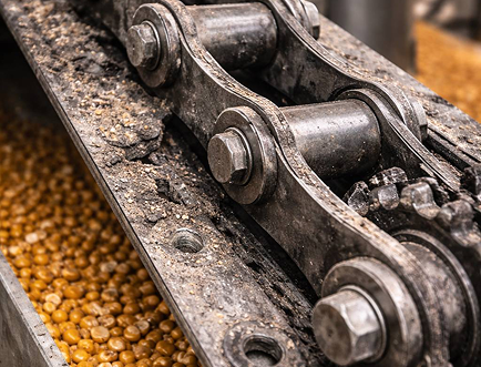 Worn agricultural conveyor chain showing stretched links and rollers inside a grain handling system transporting corn.