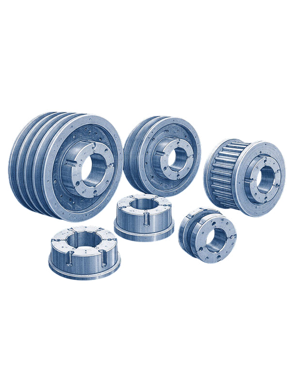 Pulleys, hubs, bushings on white back ground