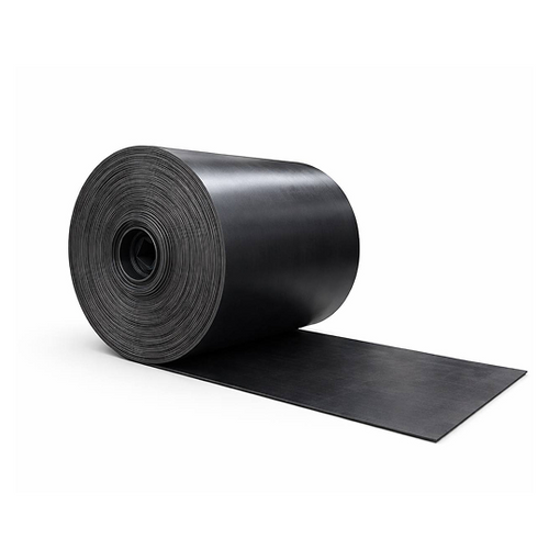 Roll of black rubber sheeting on a white background