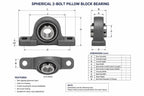 Technical drawing of a spherical 2-bolt pillow block bearing with dimensions and features listed.