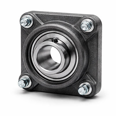 Metal bearing with square housing on a white background