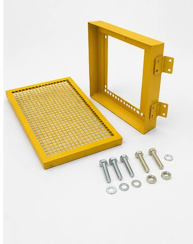 Yellow metal frame with perforated plate and bolts on a white background