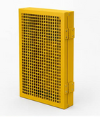 Yellow metal box with grid pattern on a white background
