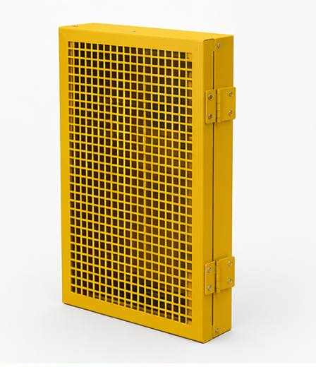 Yellow metal box with grid pattern on a white background