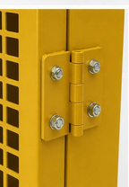 Close-up of a yellow metal cabinet with a hinge and screws on a white background