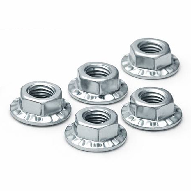 Five metal flange nuts on a white background