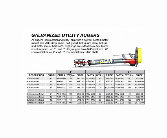 Product catalog page for galvanized utility augers with a sample product and pricing table.