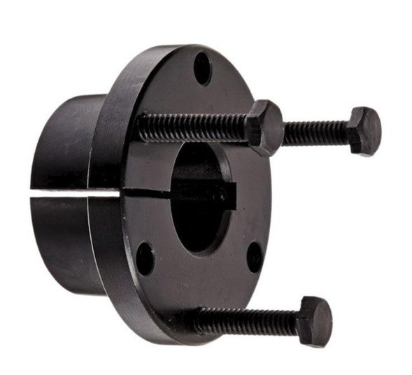 Black metal clamp with three screws on a white background