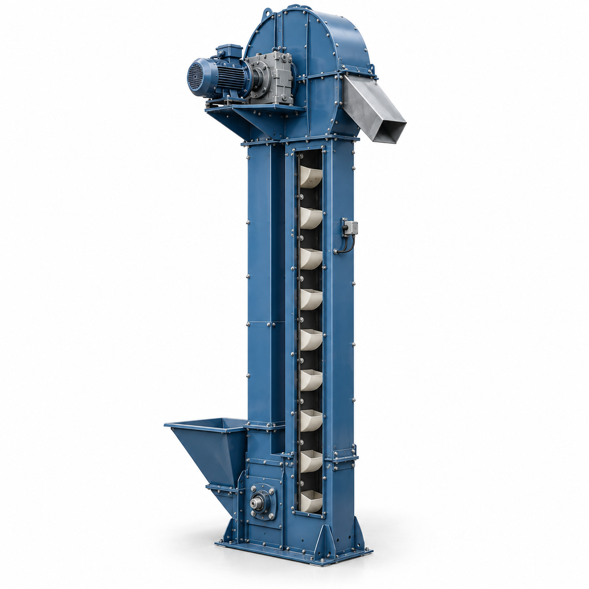 Illustrated bucket elevator with drive, belts and cups, bearing, and monitoring sensor locations.