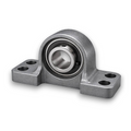 Metal bearing housing with a cylindrical roller bearing on a white background
