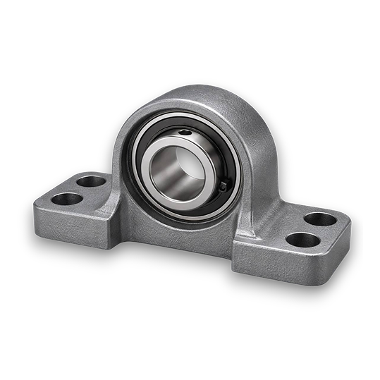 Metal bearing housing with a cylindrical roller bearing on a white background