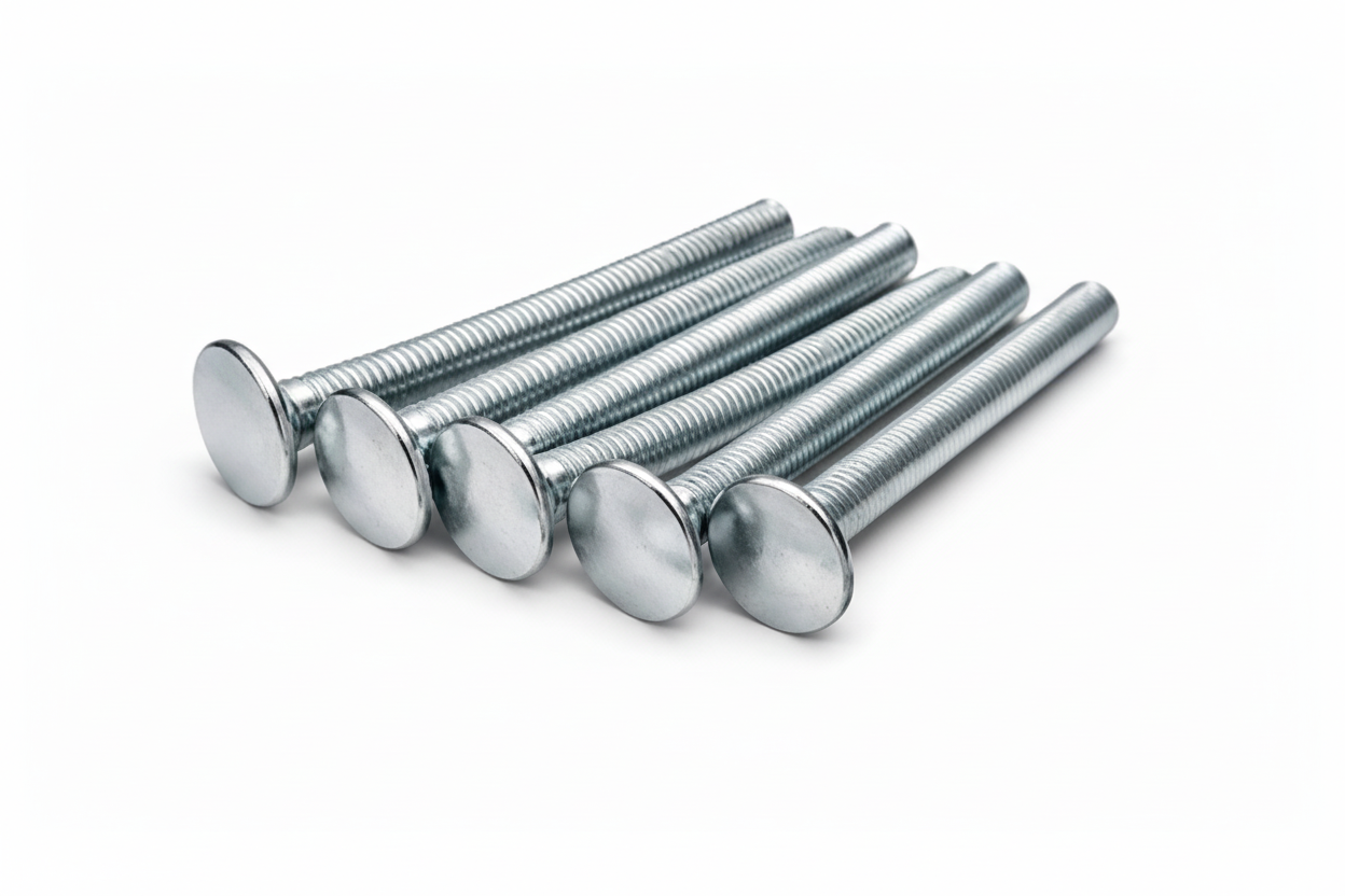 Set of metal screws and washers on a white background