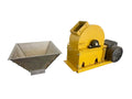 Yellow mechanical device with a metal container on a white background
